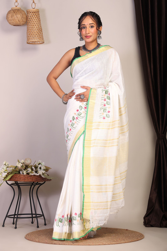 Bhagalpuri Cotton Linen White Embroidered Ethnic Saree With Blouse