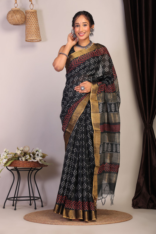 Bhagalpuri Cotton Viscose Black Hand Block Ethnic Saree With Blouse
