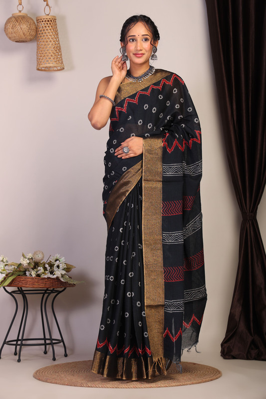 Bhagalpuri Cotton Viscose Black Hand Block Ethnic Saree With Blouse