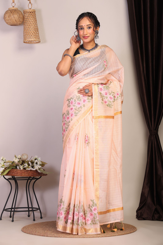 Bhagalpuri Kota Doria Peach Embroidered Ethnic Saree With Blouse