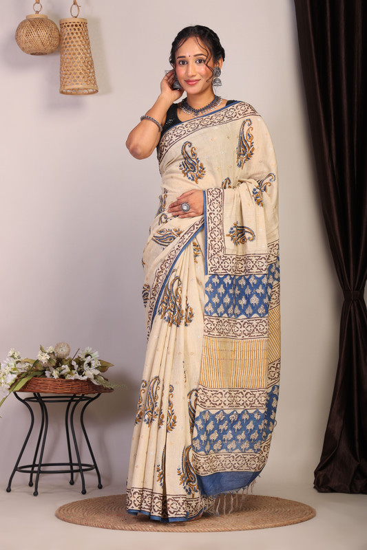 Bhagalpuri Cotton Viscose Beige Hand Block Ethnic Saree With Blouse