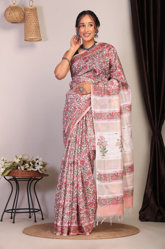 Bhagalpuri Cotton Viscose Pink Hand Block Ethnic Saree With Blouse