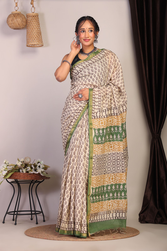 Bhagalpuri Cotton Viscose Beige Hand Block Ethnic Saree With Blouse