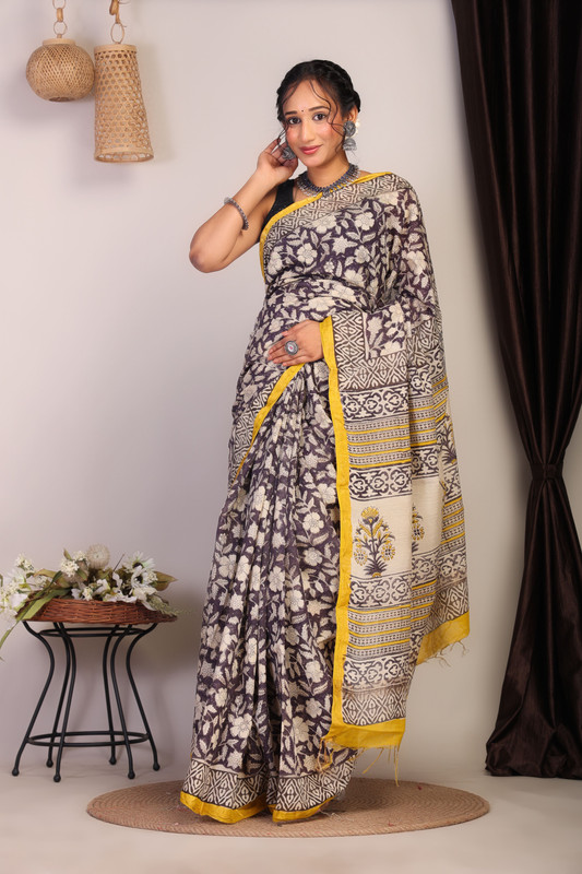 Bhagalpuri Cotton Viscose Purple Hand Block Ethnic Saree With Blouse