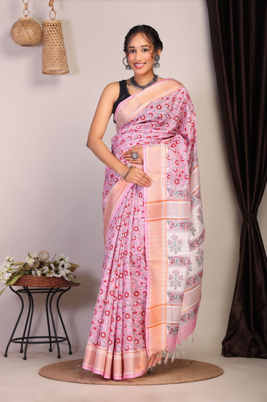 Bhagalpuri Cotton Viscose Pink Hand Block Ethnic Saree With Blouse