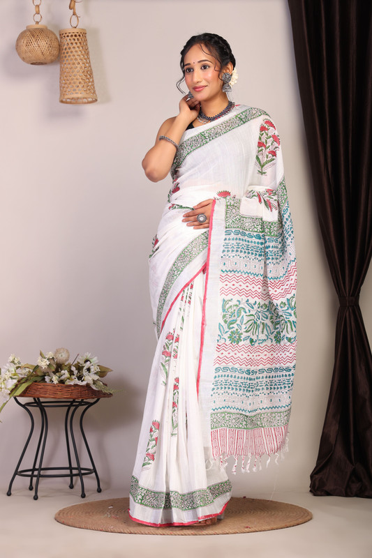 Bhagalpuri Cotton Linen White Hand Block Ethnic Saree With Blouse