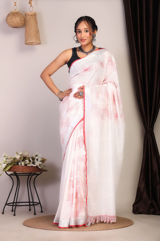 Bhagalpuri Cotton Linen White Embroidered Ethnic Saree With Blouse