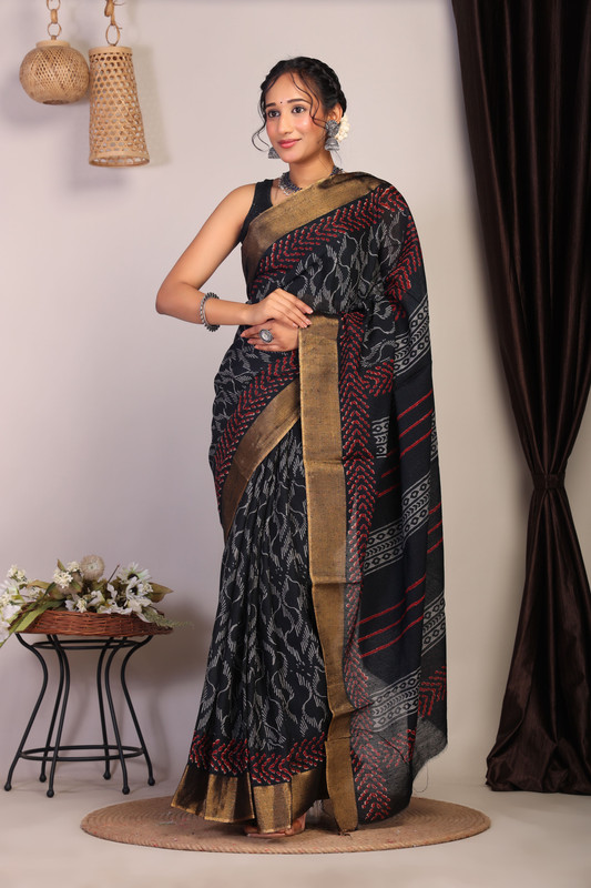 Bhagalpuri Cotton Viscose Black Hand Block Ethnic Saree With Blouse