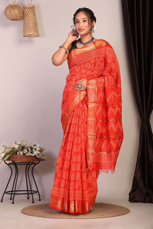 Bhagalpuri Cotton Viscose Red Hand Block Ethnic Saree With Blouse
