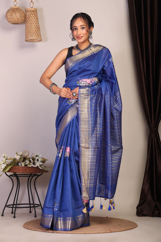 Bhagalpuri Cotton Viscose Royal  Blue Embroidered Ethnic Saree With Blouse