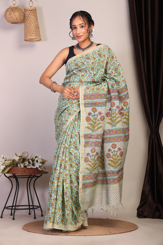 Bhagalpuri Cotton Viscose Green Hand Block Ethnic Saree With Blouse
