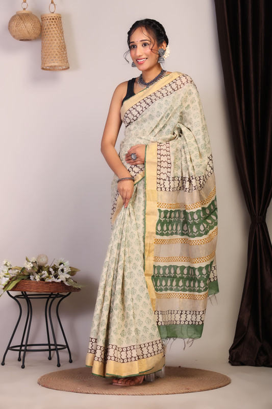 Bhagalpuri Cotton Viscose Beige Hand Block Ethnic Saree With Blouse