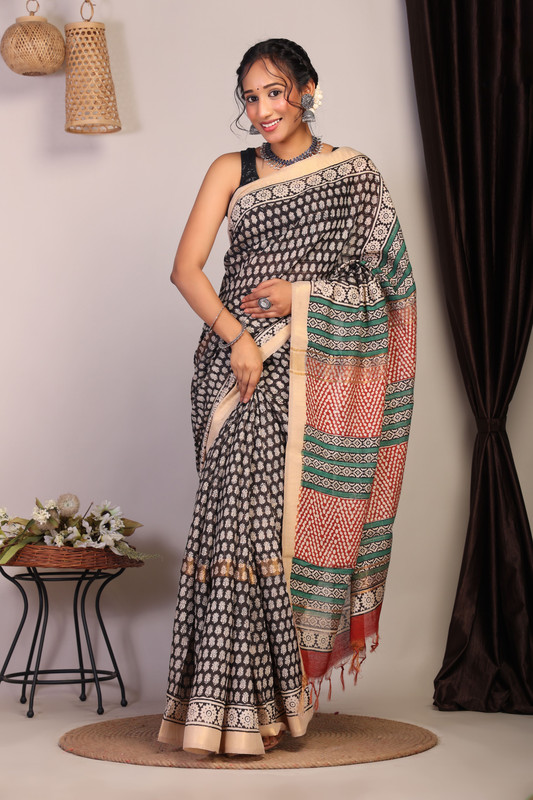 Bhagalpuri Cotton Viscose Black Hand Block Ethnic Saree With Blouse