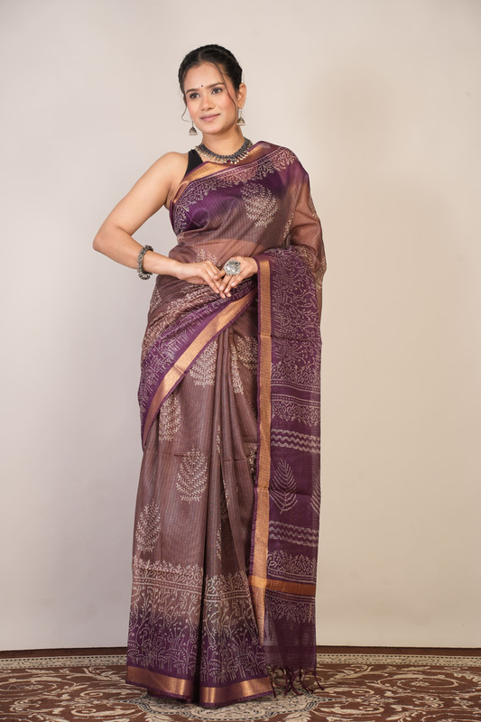 Bhagalpuri Kota Doria Brown & Violet Hand Block Ethnic Saree With Blouse