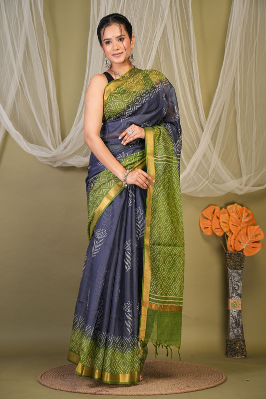 Bhagalpuri Kota Doria Navy & Green Hand Block Ethnic Saree With Blouse