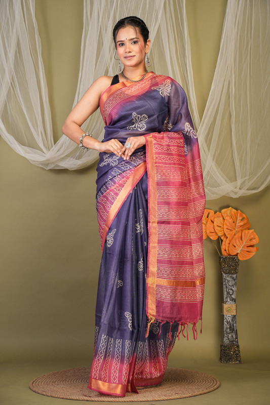 Bhagalpuri Kota Doria Blue & Pink Hand Block Ethnic Saree With Blouse