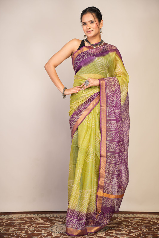 Bhagalpuri Kota Doria Green & Violet Hand Block Ethnic Saree With Blouse