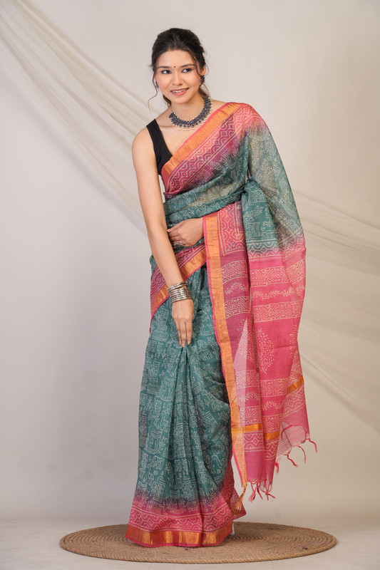 Bhagalpuri Kota Doria Teal & Pink Hand Block Ethnic Saree With Blouse