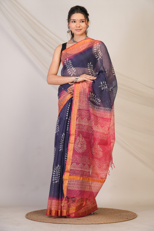 Bhagalpuri Kota Doria Navy & Pink Hand Block Ethnic Saree With Blouse