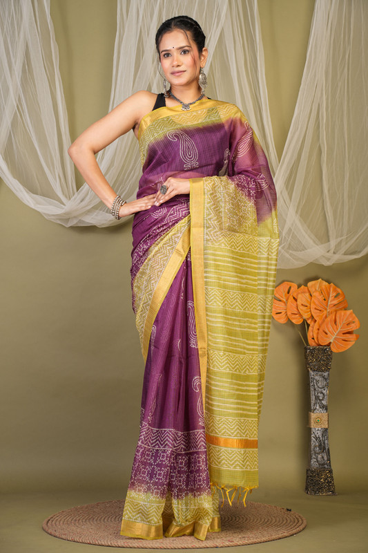 Bhagalpuri Kota Doria Purple & Green Hand Block Ethnic Saree With Blouse