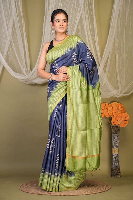 Bhagalpuri Cotton Silk Navy & Green Discharge (Hand Block) Ethnic Saree With Blouse