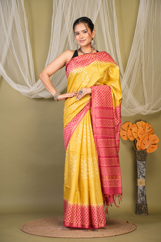 Bhagalpuri Cotton Silk Yellow & Red Discharge (Hand Block) Ethnic Saree With Blouse