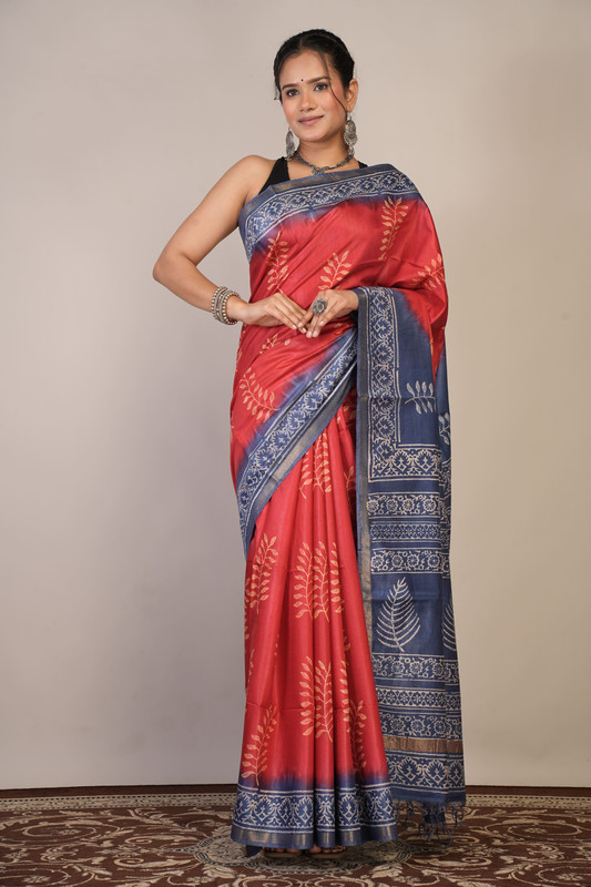 Bhagalpuri Cotton Silk Red & Blue Discharge (Hand Block) Ethnic Saree With Blouse