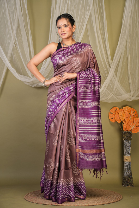 Bhagalpuri Cotton Silk Brown & Violet Discharge (Hand Block) Ethnic Saree With Blouse