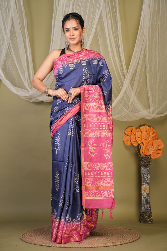 Bhagalpuri Cotton Silk Navy & Pink Discharge (Hand Block) Ethnic Saree With Blouse