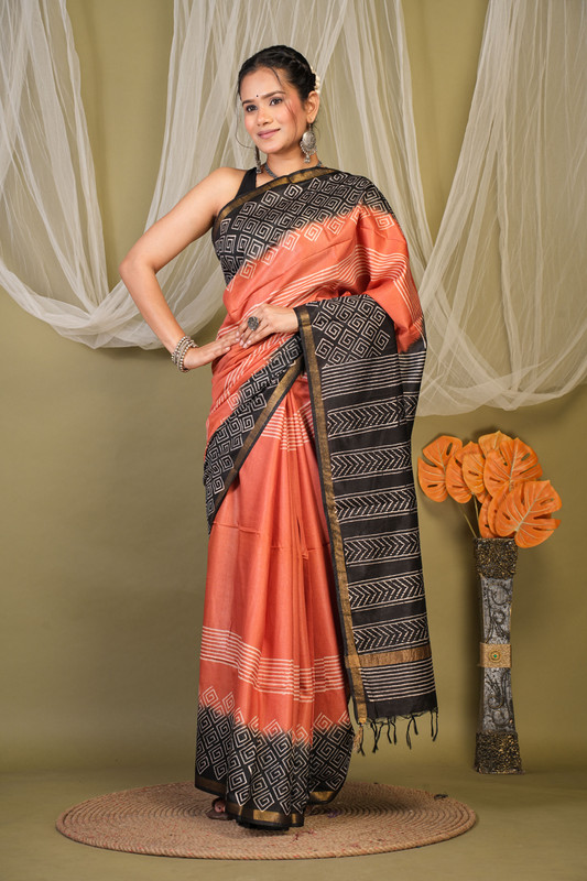 Bhagalpuri Cotton Silk Rust & Black Discharge (Hand Block) Ethnic Saree With Blouse