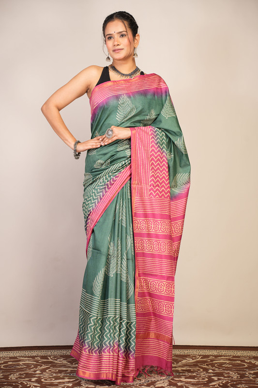 Bhagalpuri Cotton Silk Green Teal & Pink Discharge (Hand Block) Ethnic Saree With Blouse