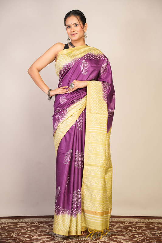 Bhagalpuri Cotton Silk Purple & Green Discharge (Hand Block) Ethnic Saree With Blouse
