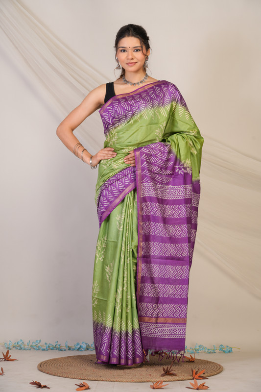 Bhagalpuri Cotton Silk Green & Violet Discharge (Hand Block) Ethnic Saree With Blouse