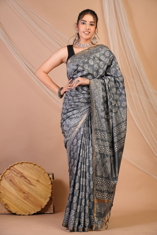 Bhagalpuri Cotton Silk Grey Discharge (Hand Block) Ethnic Saree With Blouse