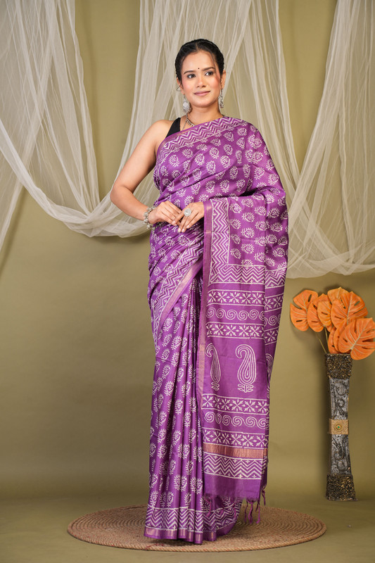 Bhagalpuri Cotton Silk Violet Discharge (Hand Block) Ethnic Saree With Blouse