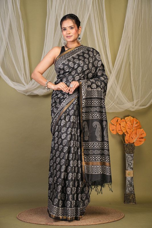 Bhagalpuri Cotton Silk Black Discharge (Hand Block) Ethnic Saree With Blouse