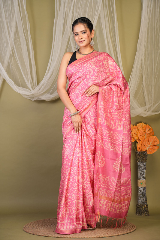 Bhagalpuri Cotton Silk Pink Discharge (Hand Block) Ethnic Saree With Blouse