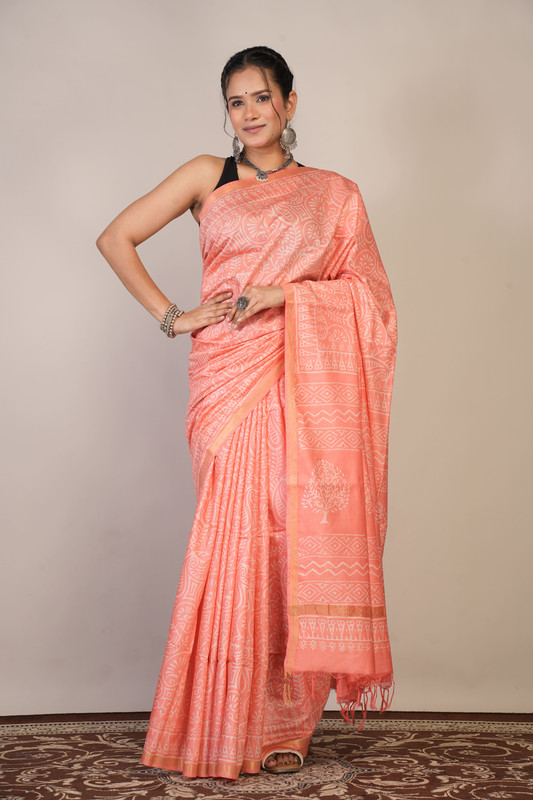 Bhagalpuri Cotton Silk Peach Discharge (Hand Block) Ethnic Saree With Blouse