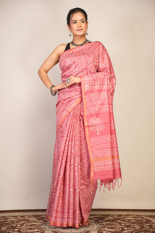 Bhagalpuri Cotton Silk Salmon Pink Discharge (Hand Block) Ethnic Saree With Blouse