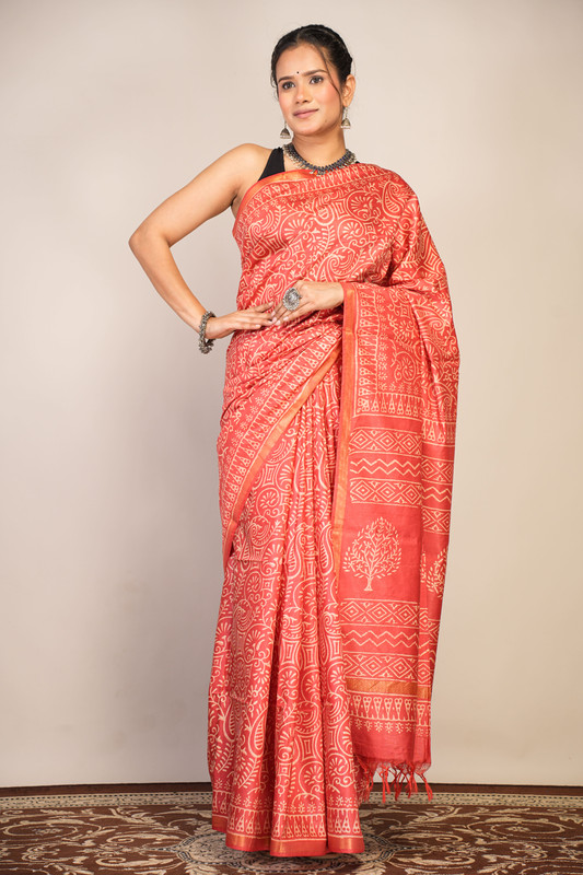 Bhagalpuri Cotton Silk Red Discharge (Hand Block) Ethnic Saree With Blouse