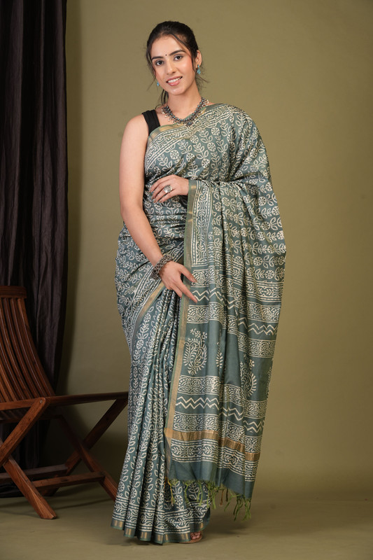 Bhagalpuri Cotton Silk Green Teal Discharge (Hand Block) Ethnic Saree With Blouse
