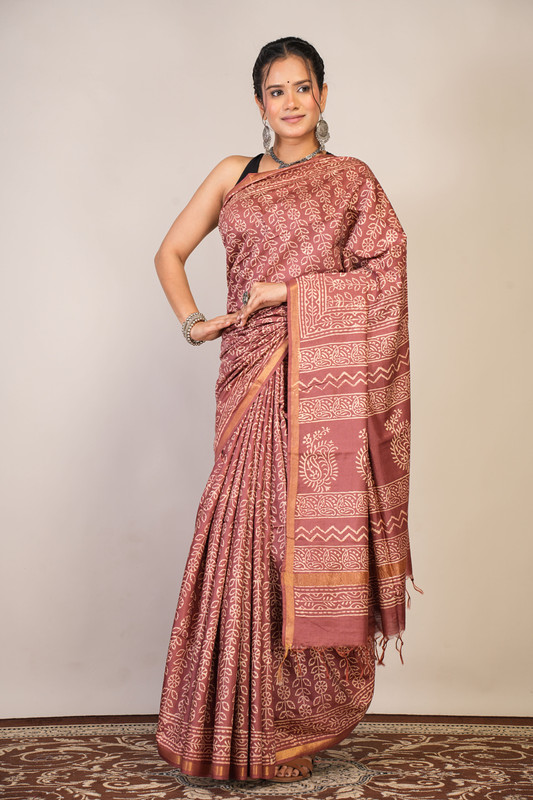 Bhagalpuri Cotton Silk Brown Discharge (Hand Block) Ethnic Saree With Blouse