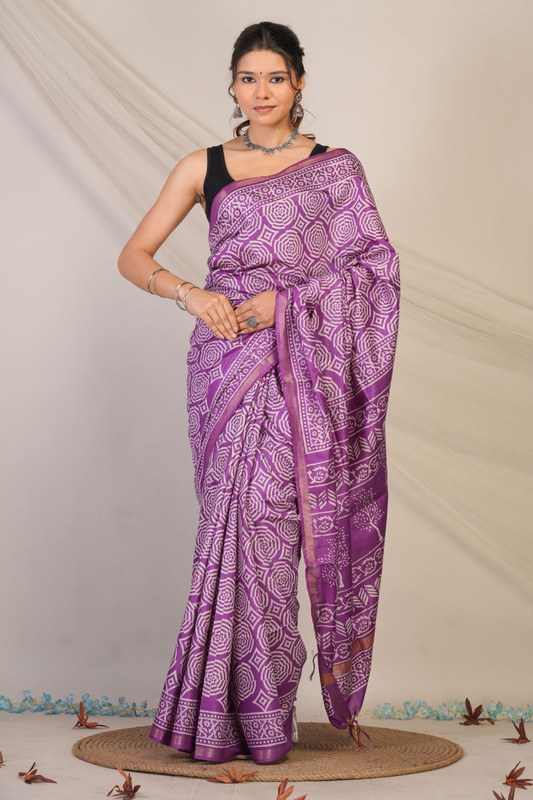 Bhagalpuri Cotton Silk Violet Discharge (Hand Block) Ethnic Saree With Blouse