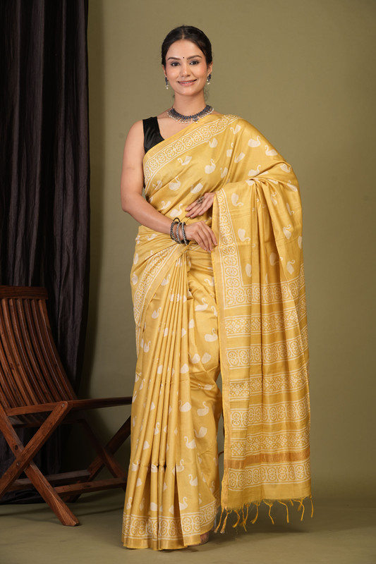 Bhagalpuri Cotton Silk Mustard Discharge (Hand Block) Ethnic Saree With Blouse