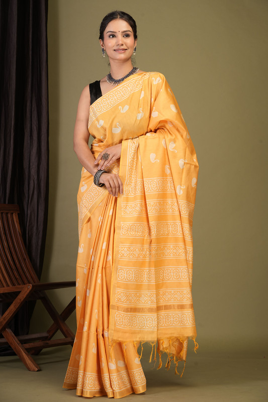 Bhagalpuri Cotton Silk Yellow Discharge (Hand Block) Ethnic Saree With Blouse