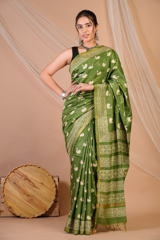 Bhagalpuri Cotton Silk Dark Green Discharge (Hand Block) Ethnic Saree With Blouse