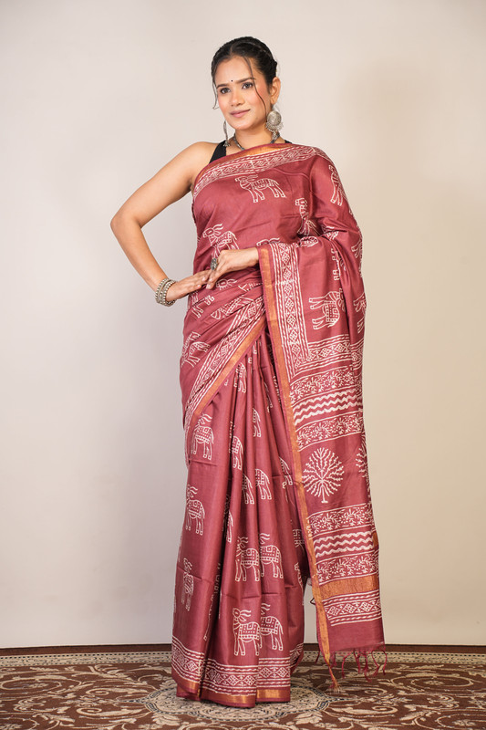 Bhagalpuri Cotton Silk Maroon Discharge (Hand Block) Ethnic Saree With Blouse