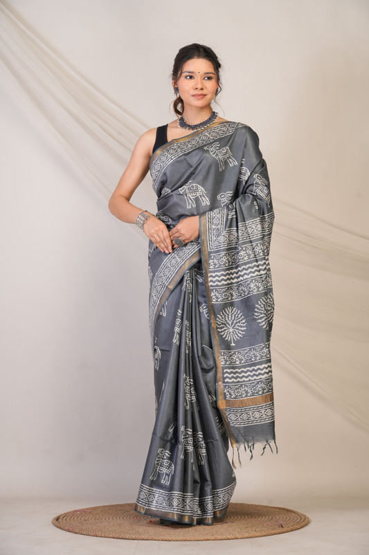 Bhagalpuri Cotton Silk Grey Discharge (Hand Block) Ethnic Saree With Blouse