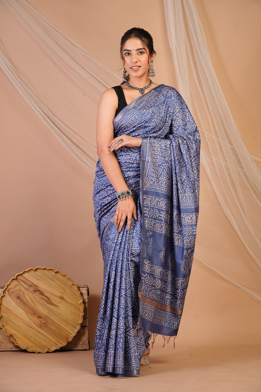 Bhagalpuri Cotton Silk Blue Discharge (Hand Block) Ethnic Saree With Blouse