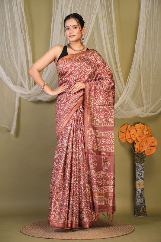 Bhagalpuri Cotton Silk Brown Discharge (Hand Block) Ethnic Saree With Blouse